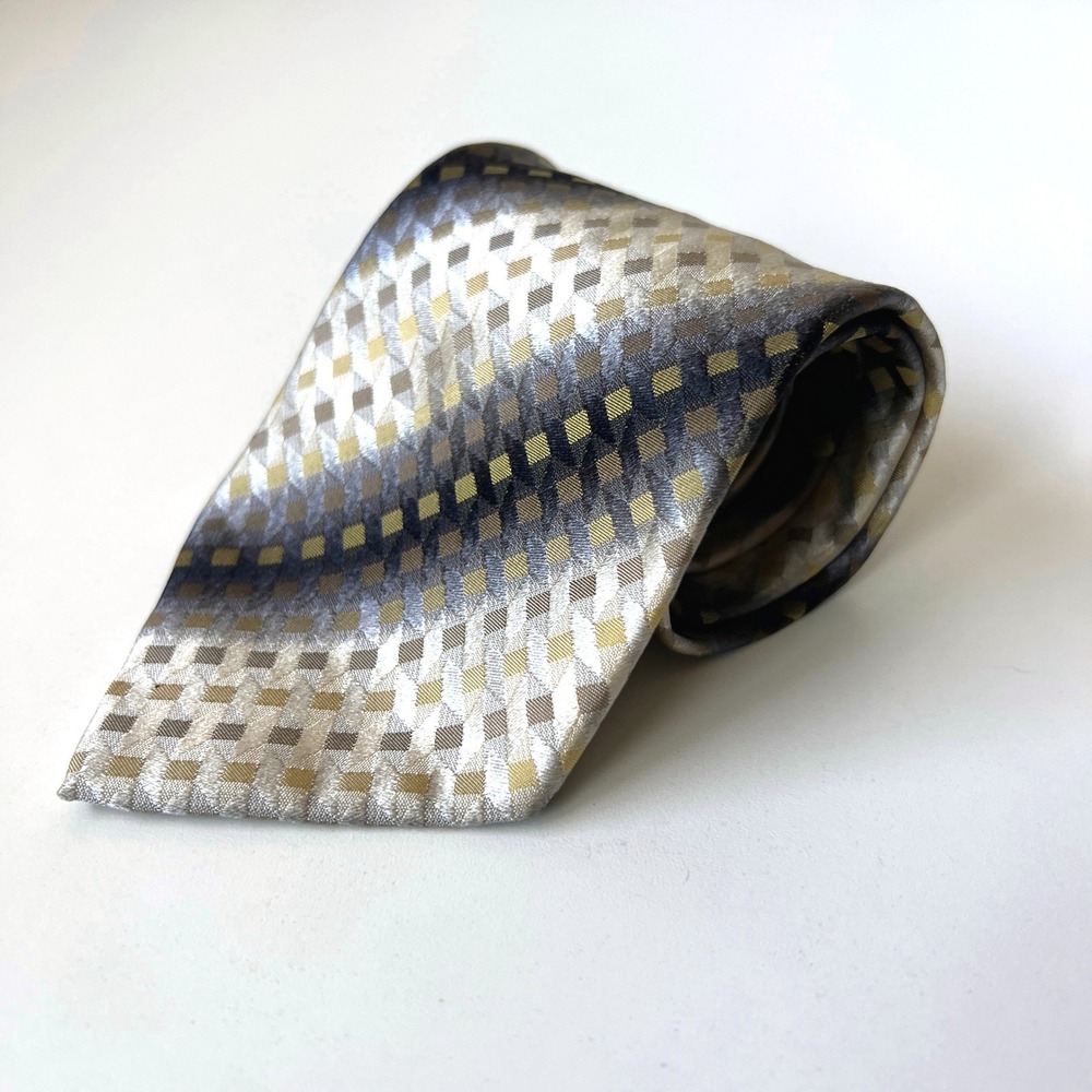 Luciano Gatti Elite Silk Tie Italy Gray Gold Geometric Checkered 58"